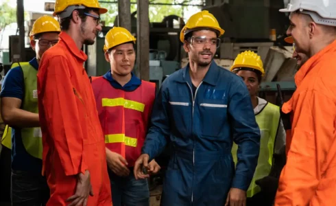 Employees discussing safety moments during a team meeting