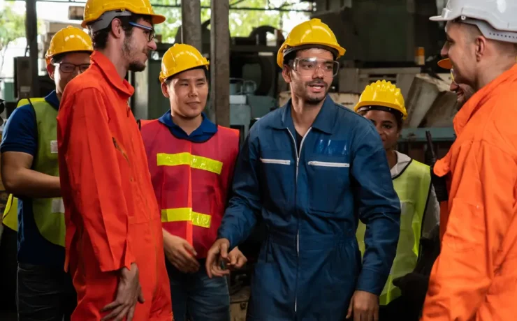 Employees discussing safety moments during a team meeting