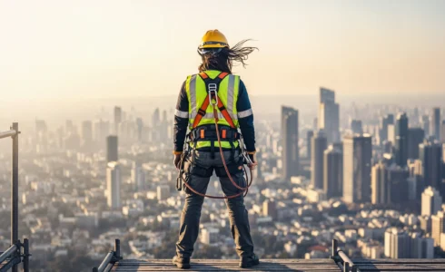 Employees evacuating through marked exit as part of OSHA Emergency Action Plan