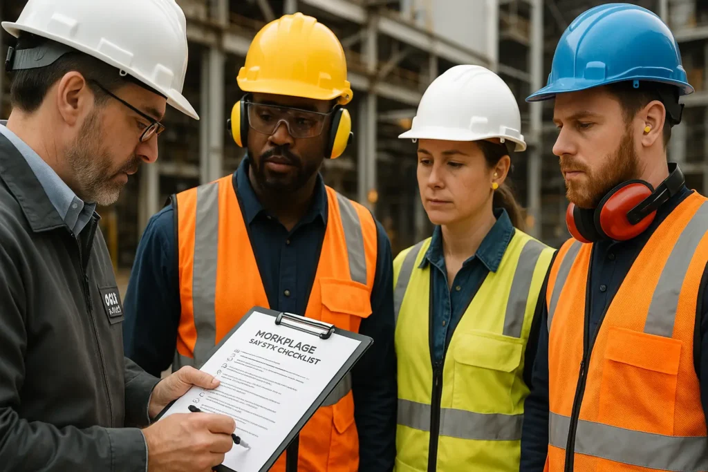 OSHA inspector reviewing safety checklist with workers wearing PPE