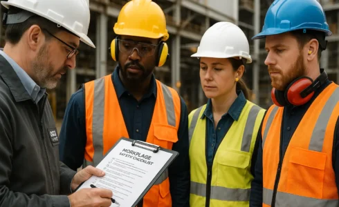 OSHA inspector reviewing safety checklist with workers wearing PPE