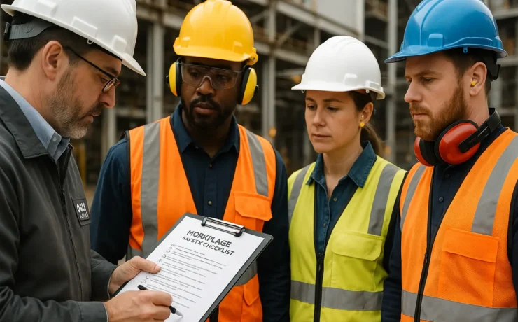 OSHA inspector reviewing safety checklist with workers wearing PPE