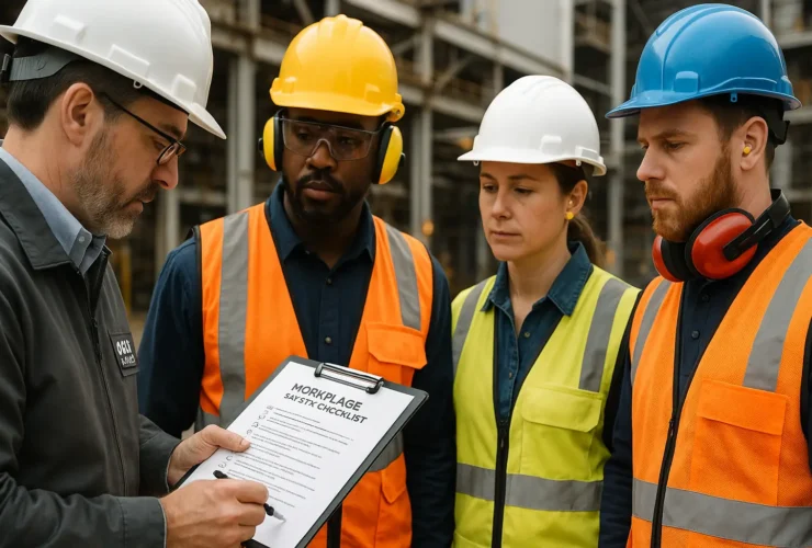 OSHA inspector reviewing safety checklist with workers wearing PPE