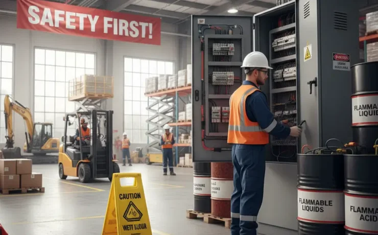 Construction and warehouse workers following OSHA safety protocols around machinery, forklifts, electrical systems, chemicals, and wet surfaces