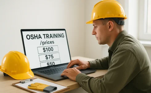 Worker comparing low-cost OSHA training options on laptop