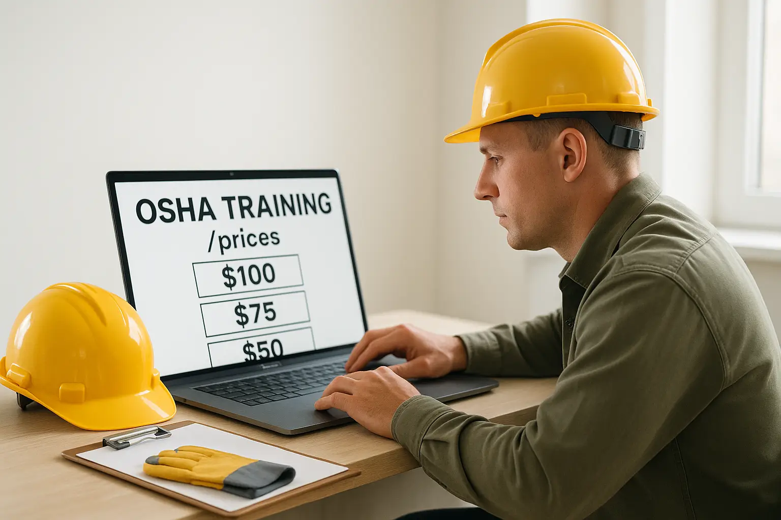 Worker comparing low-cost OSHA training options on laptop