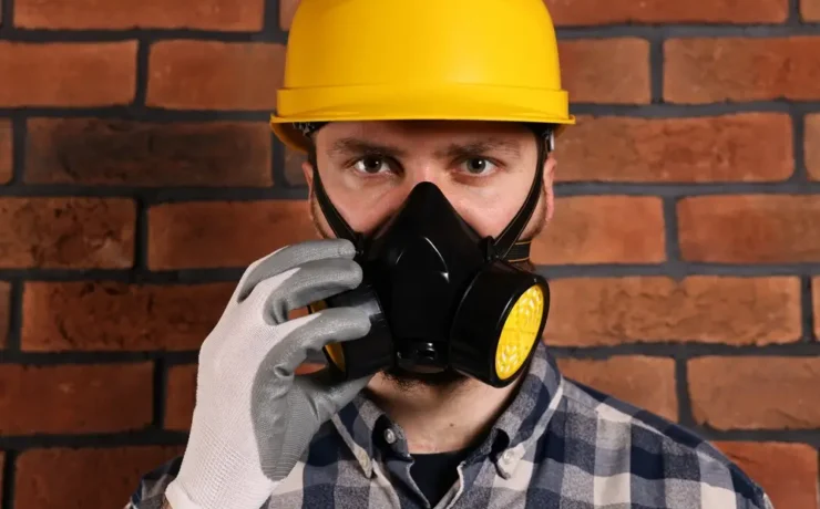 Worker wearing full PPE including helmet gloves and goggles