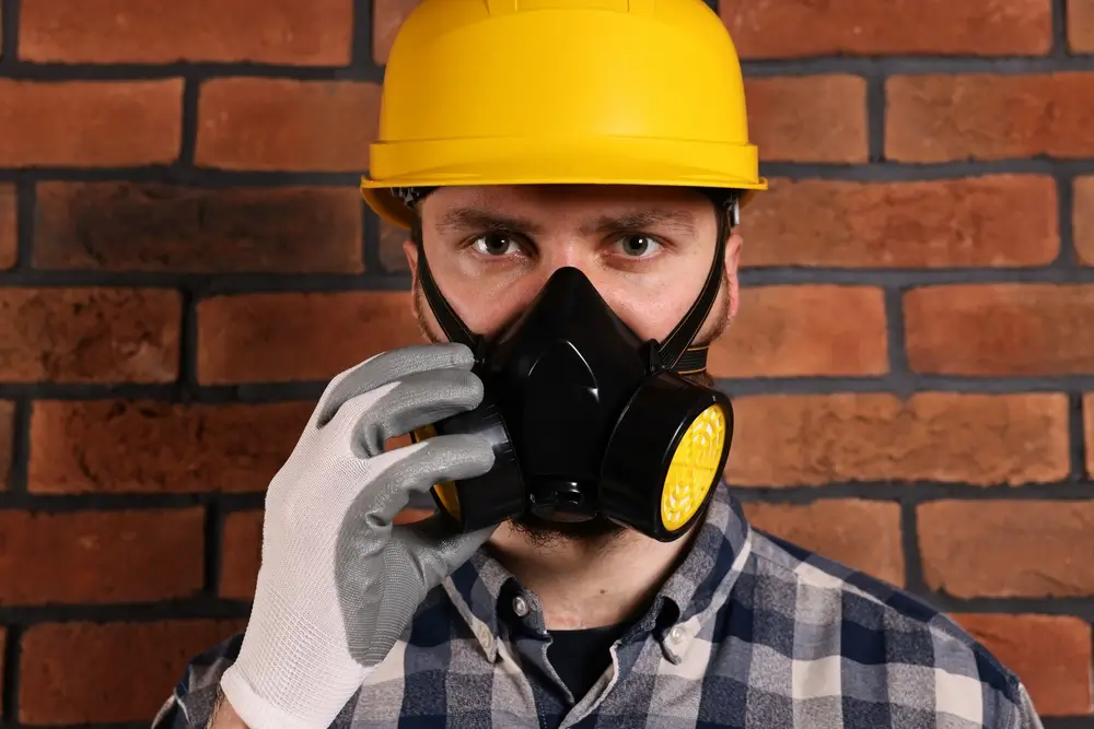 Worker wearing full PPE including helmet gloves and goggles