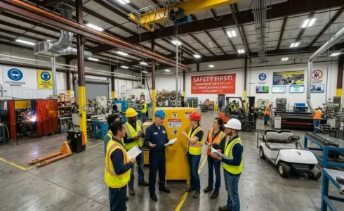 Diverse multilingual team reviewing workplace safety information together