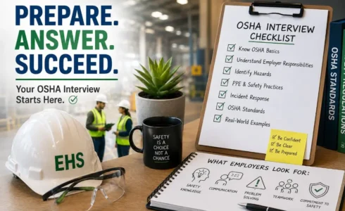 Job candidate preparing for OSHA interview questions with an EHS manager in an industrial office