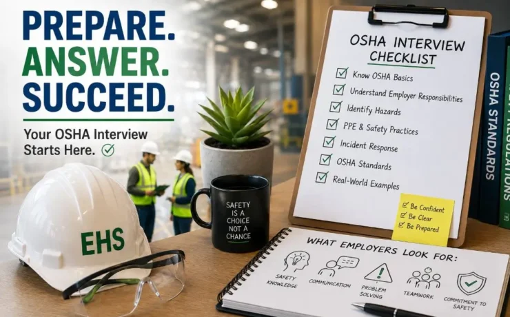 Job candidate preparing for OSHA interview questions with an EHS manager in an industrial office