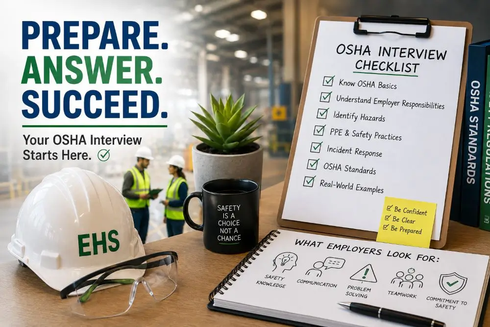 Job candidate preparing for OSHA interview questions with an EHS manager in an industrial office
