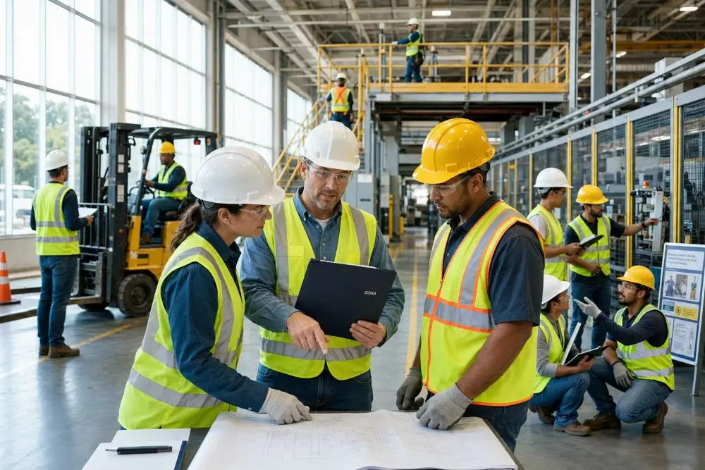 Safety specialist working with employees and management to improve workplace safety