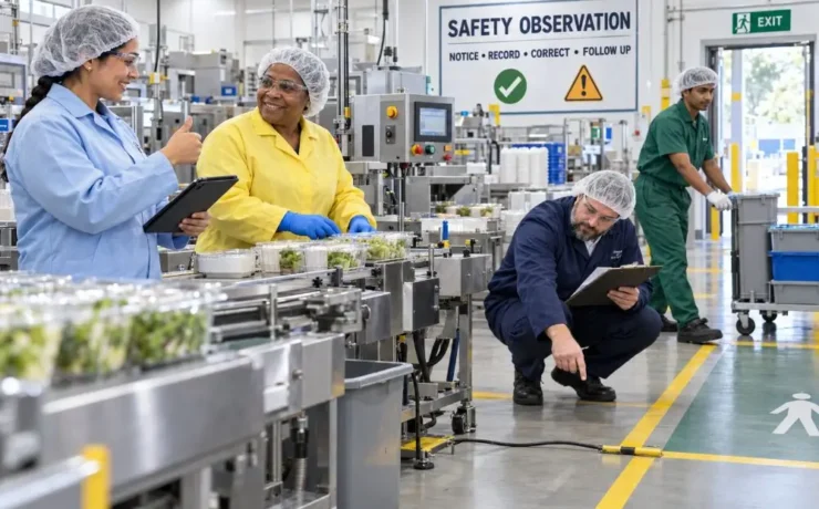 Safety coordinator recognizing proper work practices while a supervisor documents a workplace trip hazard